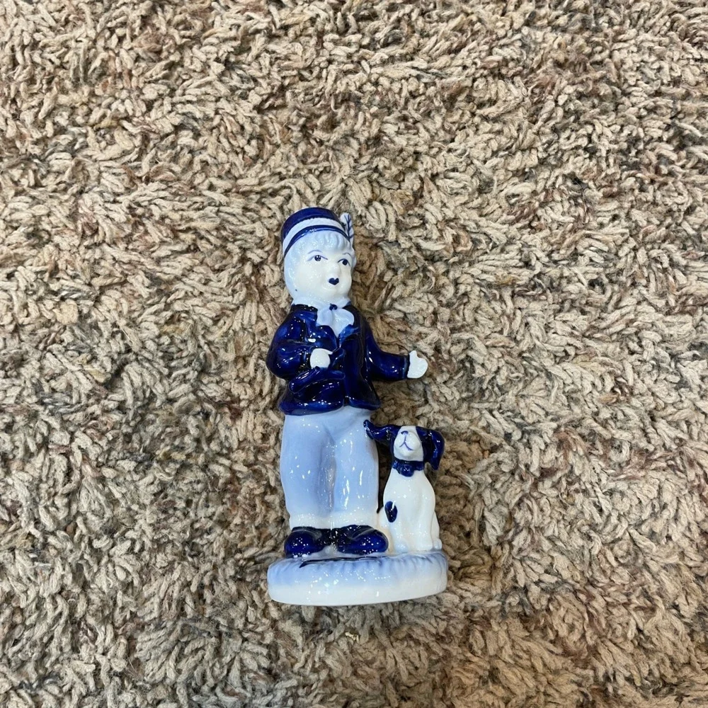 Vintage Blue Delft Boy and Dog Ceramic Figurine Hand Painted Collectible‎